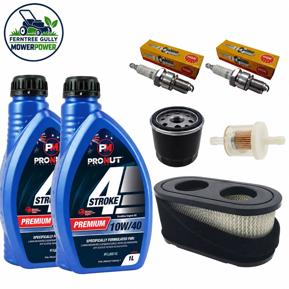 Toro TimeCutter service kit with two bottles of Prokut oil, two NGK spark plugs, air filter, oil filter and fuel filter