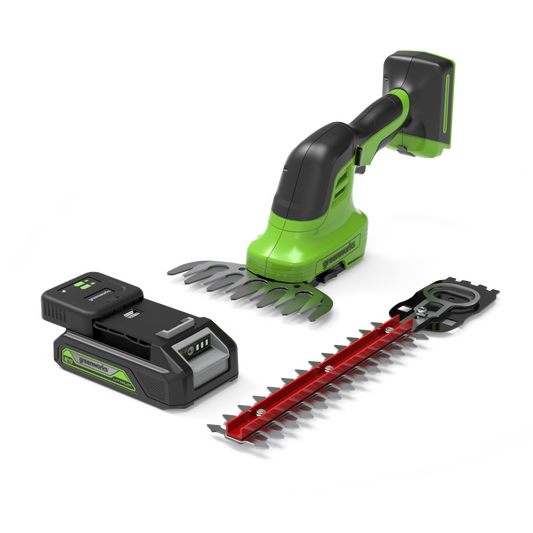 Greenworks 24V 2-in-1 shrub shears with battery; charger included in SH02A3 kit