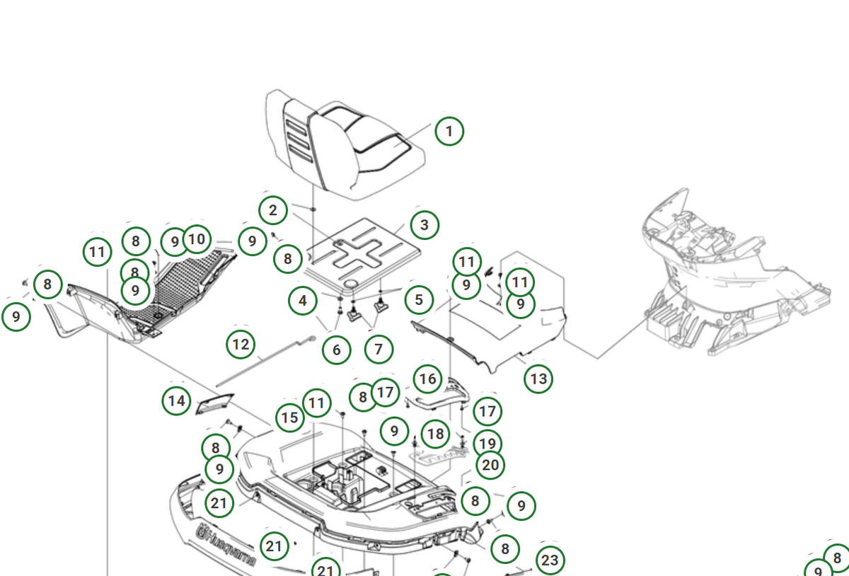 Genuine Husqvarna seat, item 1 in parts diagram