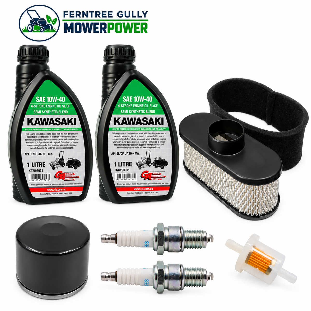 Service kit for Hustler Raptor 42-inch: Kawasaki oil, filters and NGK spark plugs