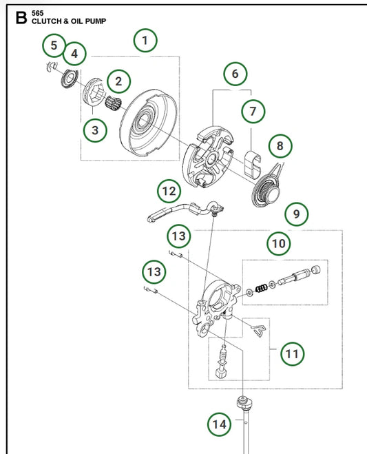 Genuine HUSQVARNA Chainsaw 565 Oil Pump&Clutch parts 3,6,8,9,12