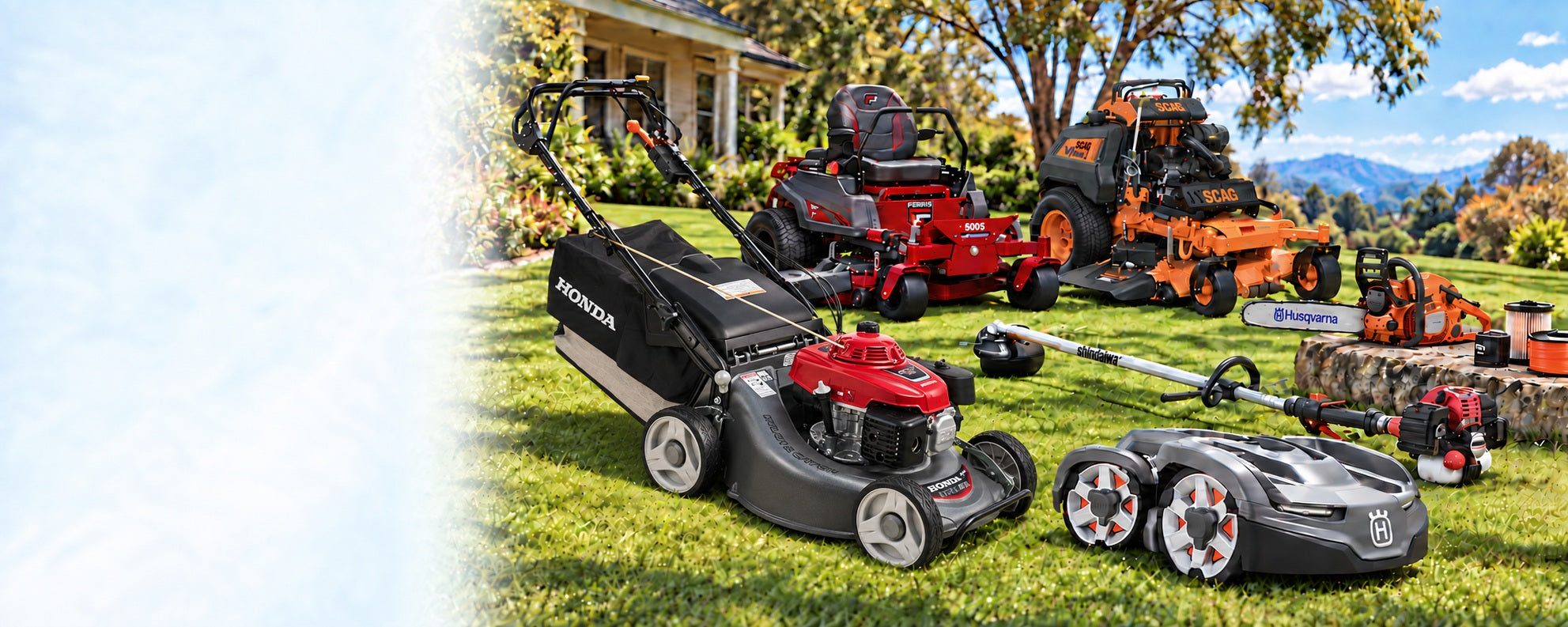 Honda HRU216, Husqvarna chainsaw and Automower 435X AWD, Shindaiwa trimmer, Ferris 500S and SCAG V-Ride II stand-on mower in a sunny garden