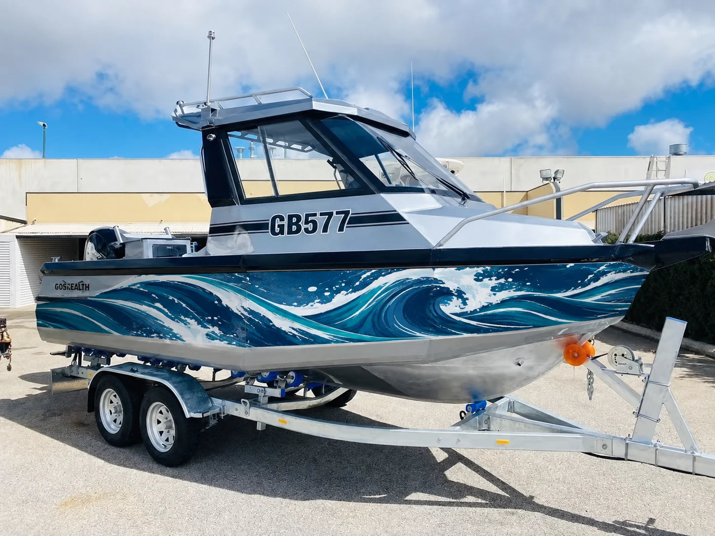 Ocean wave graphic concept on the reference boat